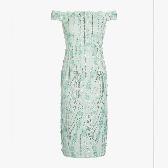 Adrianna Papell Embroidered Off Shoulder Tailored Dress, Sea Glass size 16P new - Picture 12 of 13